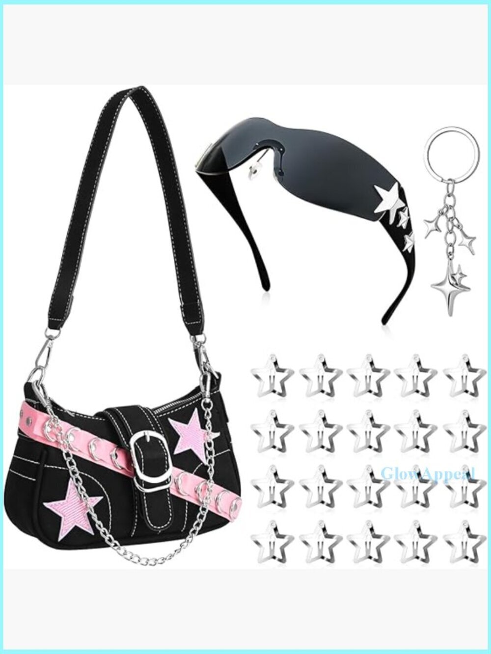 Vintage Y2K Hobo Shoulder Bag with Star Hair Clips and Sunglasses Set